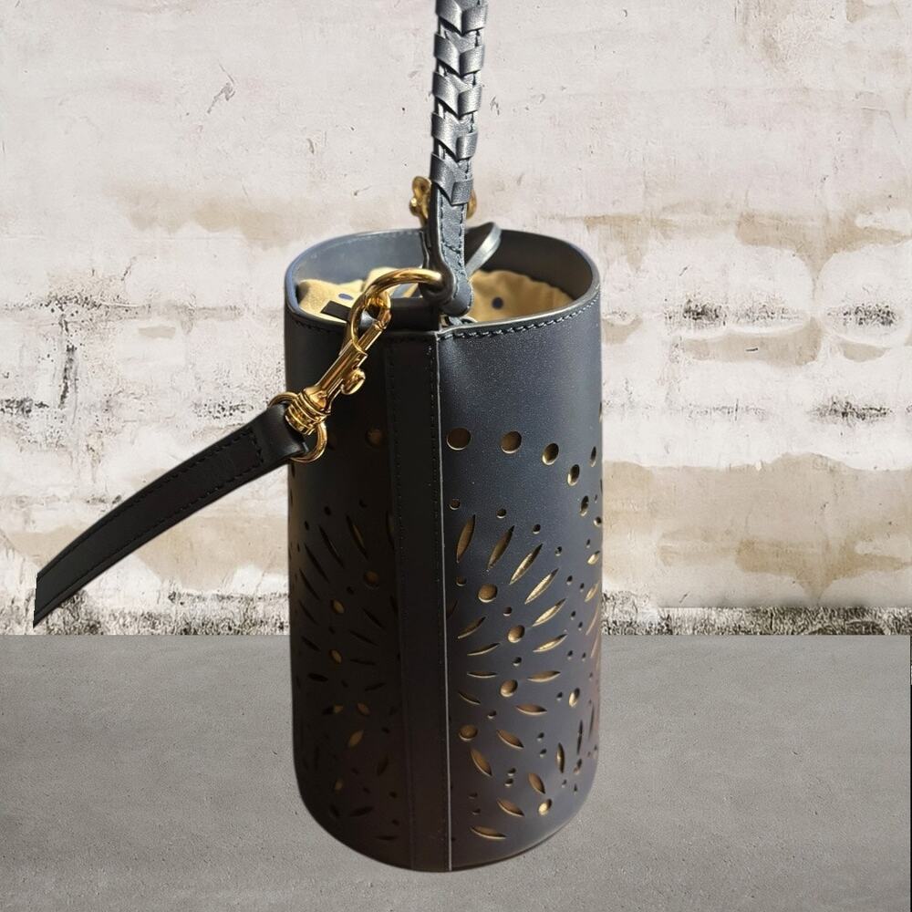 Chico's Navy Laser-Cut Bucket Crossbody with Tan Liner - Picture 2 of 9